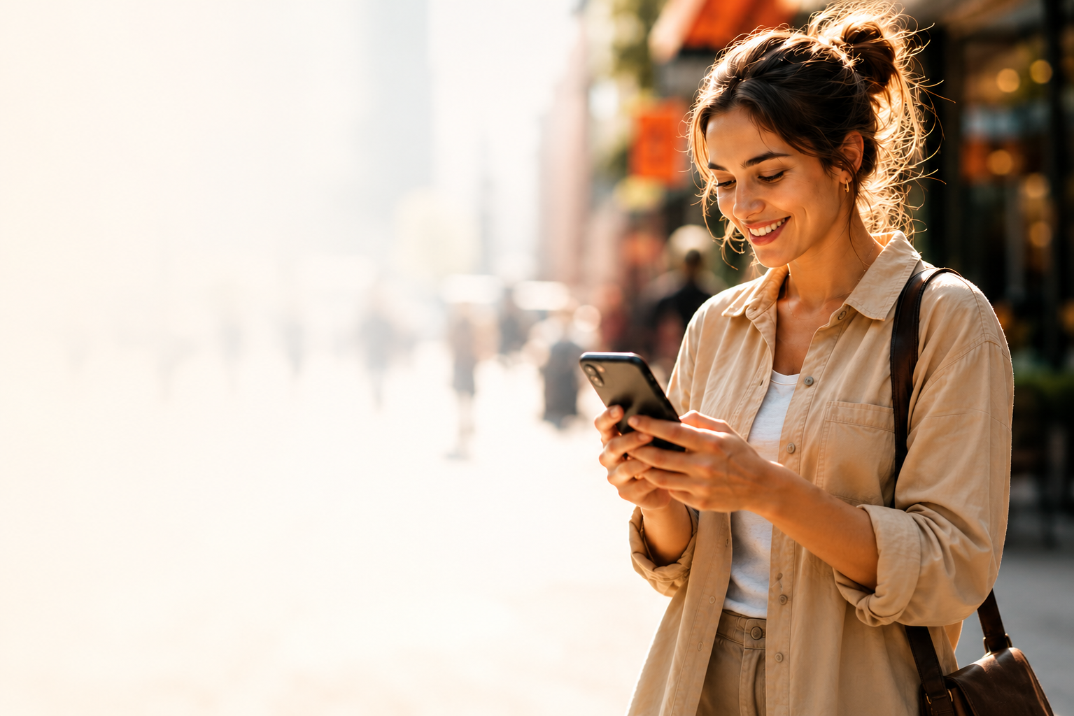 A person discovering local offers on Spotterly on their phone in a sunlit city.